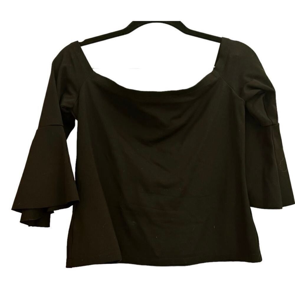 ALEXIS Black Square Neck Bell Sleeve Top Structured 3/4 Sleeve Chic Minimalist